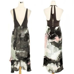 MINKPINK Gray Watercolor Plunging Neckline Lace-Up Back Hi Low Tunic Dress